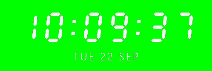 Clock in white seven-segment digits on pure #00FF00 green: 10:09:37 and TUE 22 SEP