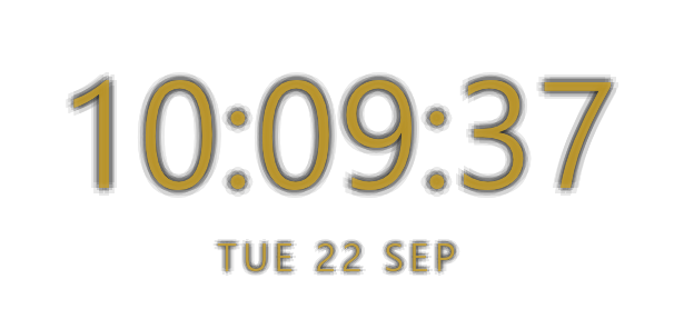 Clock in yellow type, dimmed for the night: 10:09:37 and TUE 22 SEP
