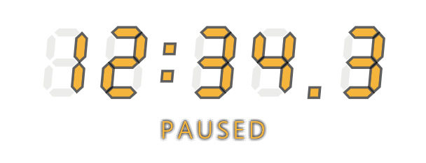 Stopwatch in amber seven-segment digits with ghosted unlit segments, paused at 12:34.3