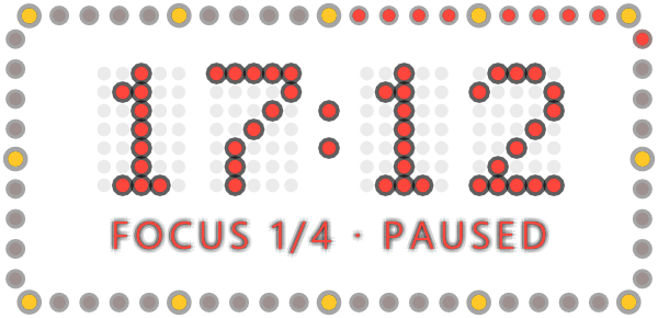 Pomodoro timer in red dot-matrix, framed by the LED seconds ring: 17:12 left and FOCUS 1/4 · PAUSED