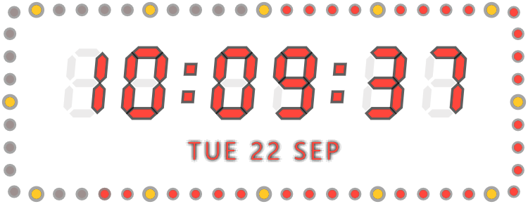 ChronoDesk clock, seven-segment digits, Red: 10:09:37 and TUE 22 SEP, framed by the sixty-LED seconds ring
